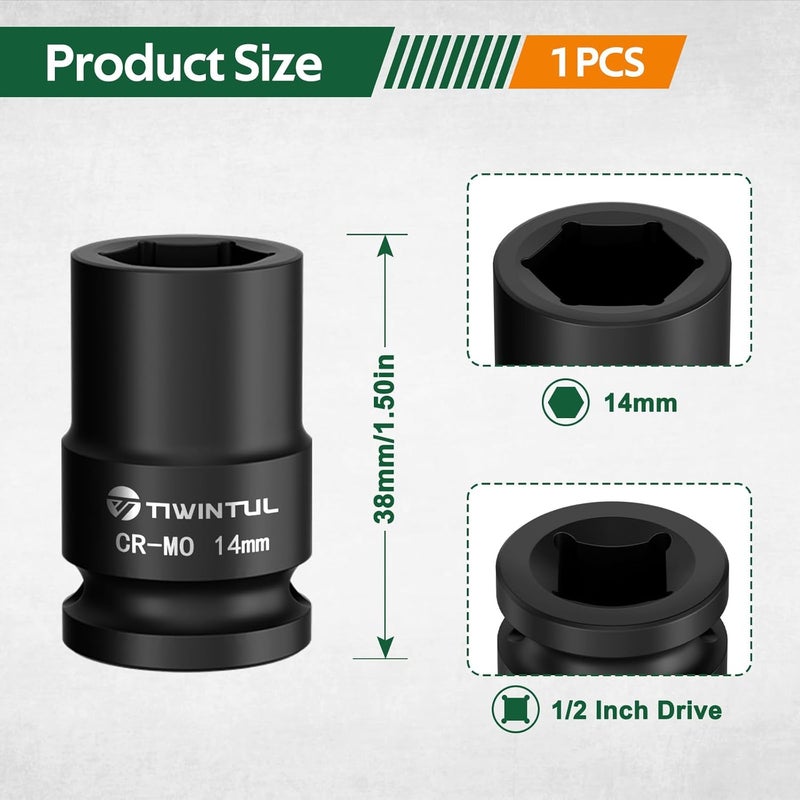 TIWINTUL 14mm Shallow Impact Socket 1/2 Inch Drive, CR-MO Steel Impact Socket, Anti-Rounding 6 Point Design, 1.5” Length, Metric Size, Impact Grade Socket for Automobile and Home Maintenance - Image 2